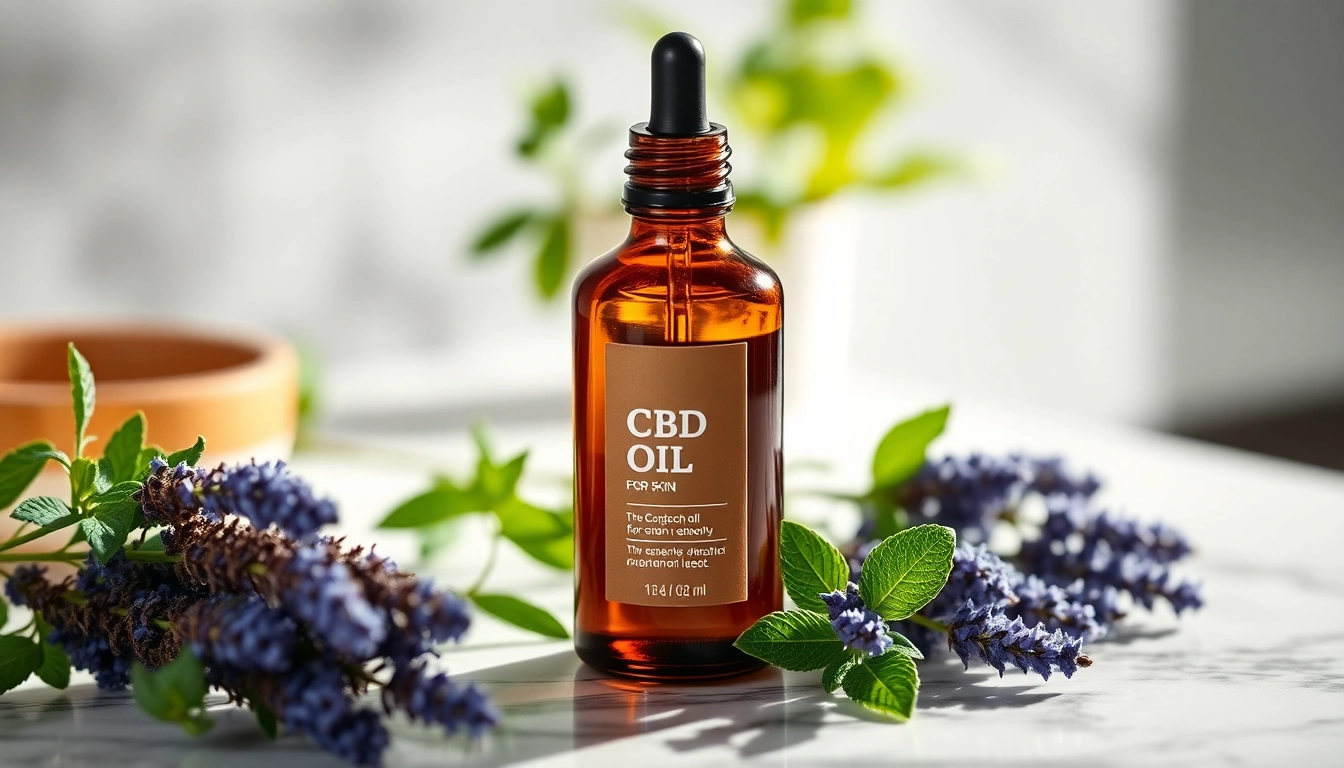 Apply CBD oil for skin from a stylish amber bottle against a serene botanical backdrop.