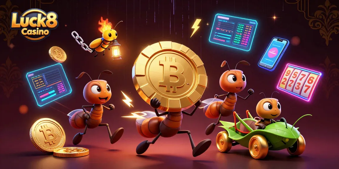 Experience Luck8 Casino's vibrant action with animated ants heisting a giant poker chip in a crypto-themed heist.
