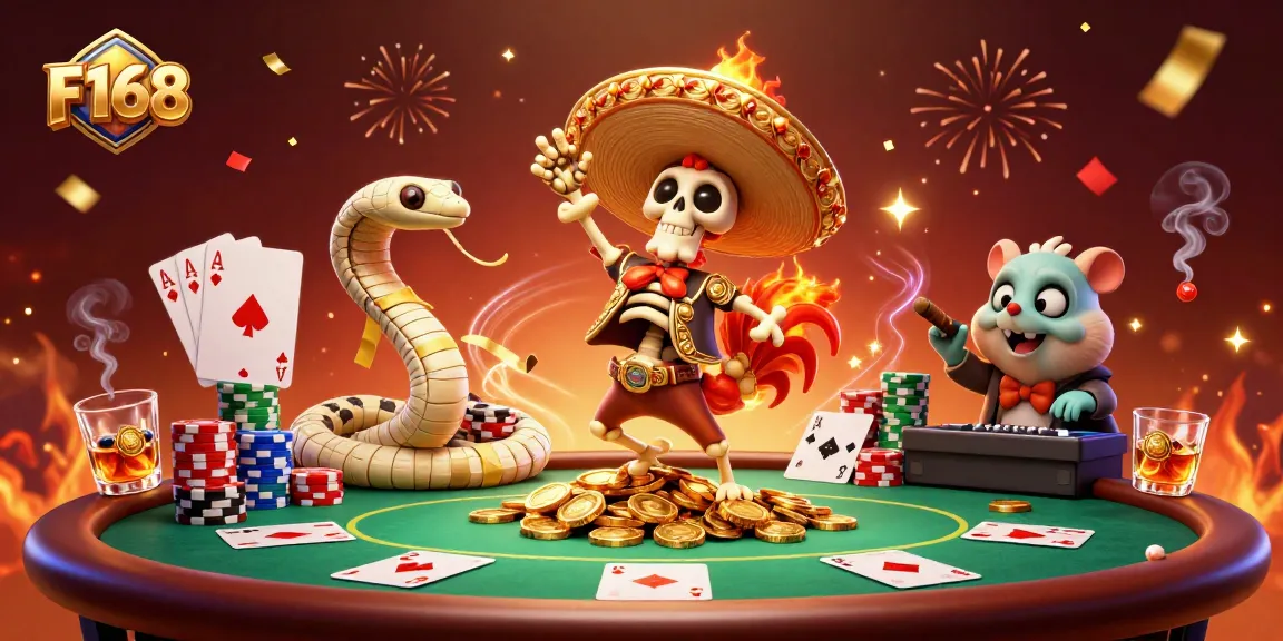 Join the fun at F168 with a lively victory dance scene showcasing vibrant casino elements.