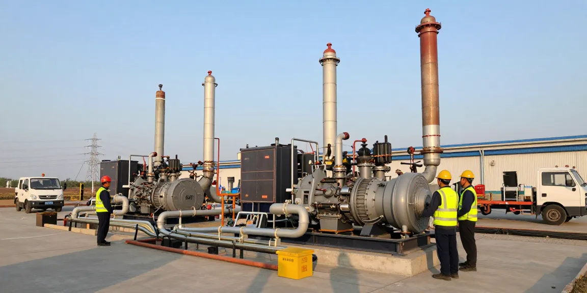 Technicians inspecting natural gas generators at an industrial site, showcasing efficient energy production.