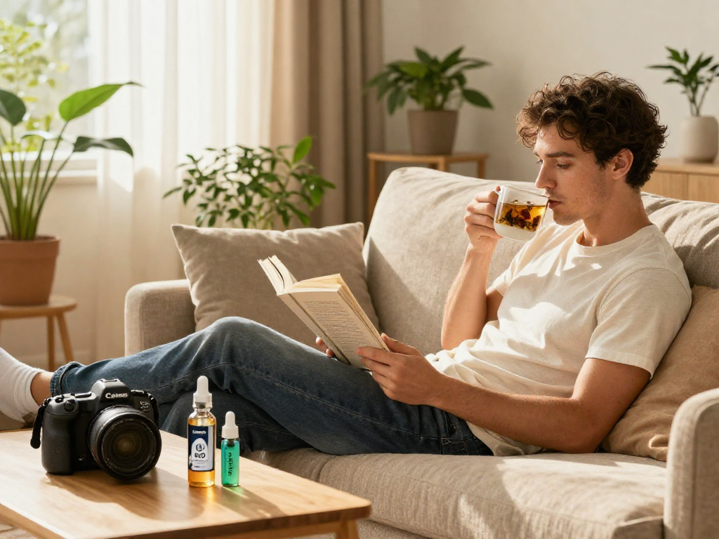 The 10/10 Boys vape with wellness products in a serene living room, promoting a natural and organic lifestyle.