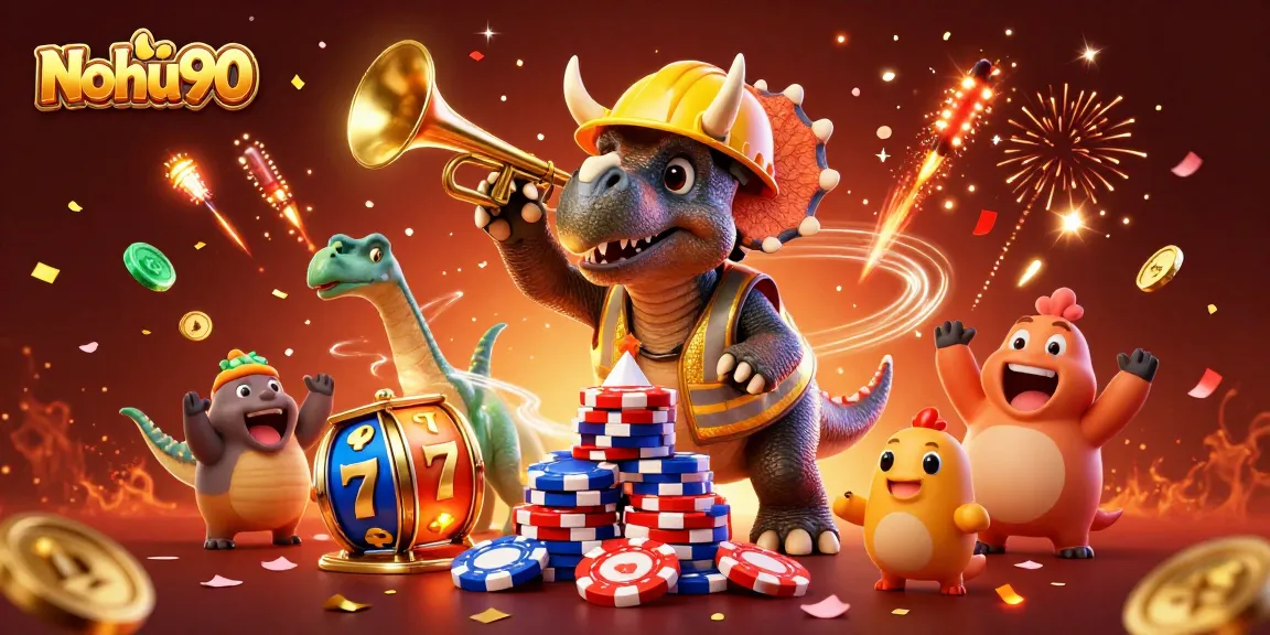 Nohu90 showcases an animated scene with a triceratops building poker chips while celebrating wins in the casino.