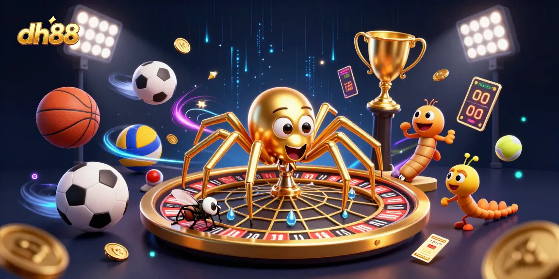 Experience thrilling bets with dh88 as a golden spider spins a vibrant roulette wheel in a dynamic casino scene.