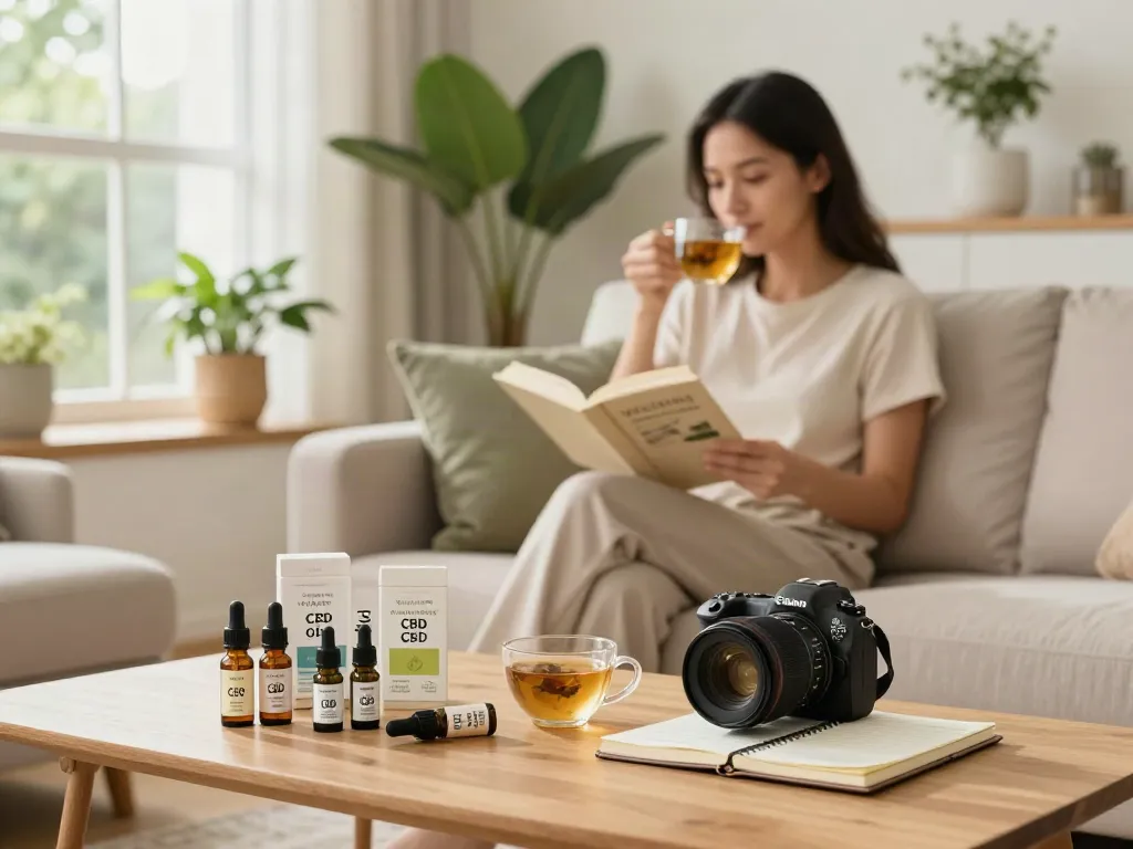 A woman relaxing at home with CBD products, showcasing a cozy atmosphere for those looking to buy shatter Canada. Includes organic tinctures and herbal tea.
