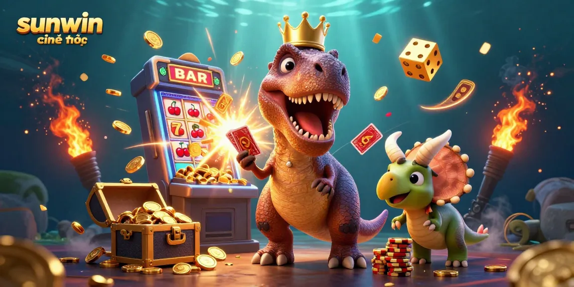 Experience sunwin chính thức with vibrant 3D characters shuffling cards and stacking casino chips.