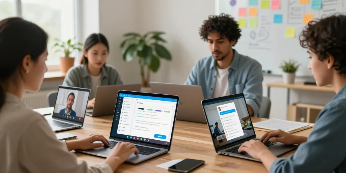 Team collaborating on Telegram官网 with vibrant messaging interface in a modern workspace.