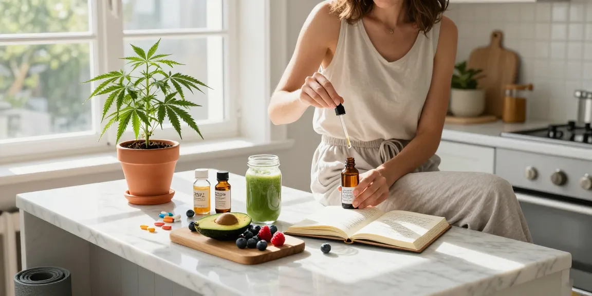 Creación de contenido de marketing en cocina wellness con aceite de CBD y plantas naturales.