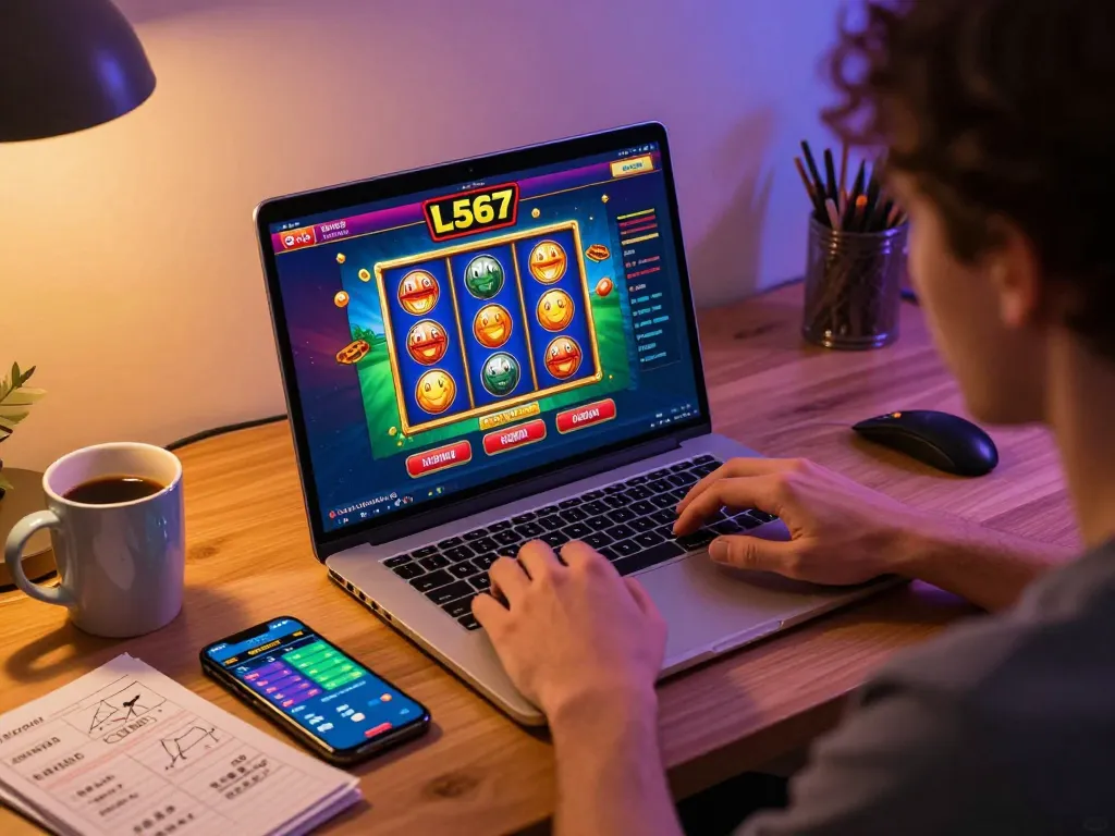 L567 online casino experience with a player engaging in strategic gameplay at home setup