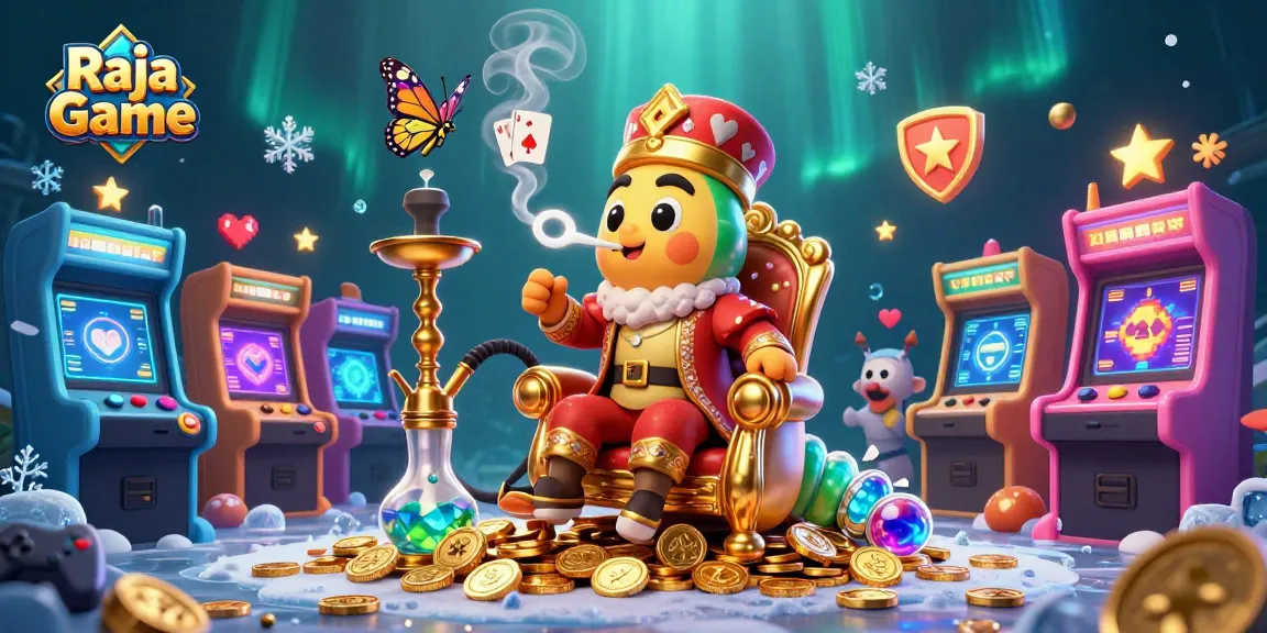 Play exciting games with Raja Game, featuring a vibrant illustration of unique casino elements and characters.