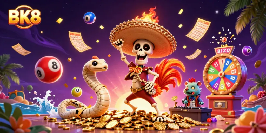 Experience thrilling wins with BK8's lively casino scene featuring a dancing rooster and festive game elements.