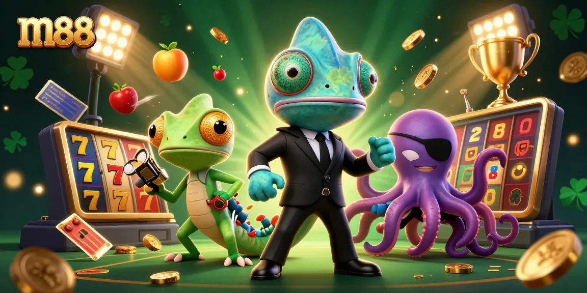 Experience thrilling m88 slot games with a vibrant scene of characters and casino elements.
