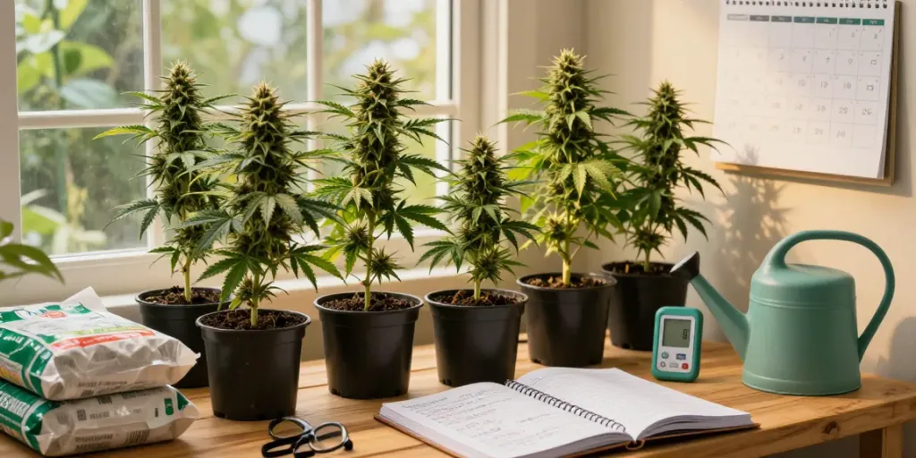 Indoor growth setup with feminised seeds, healthy cannabis plants under lights, cultivation tools visible.