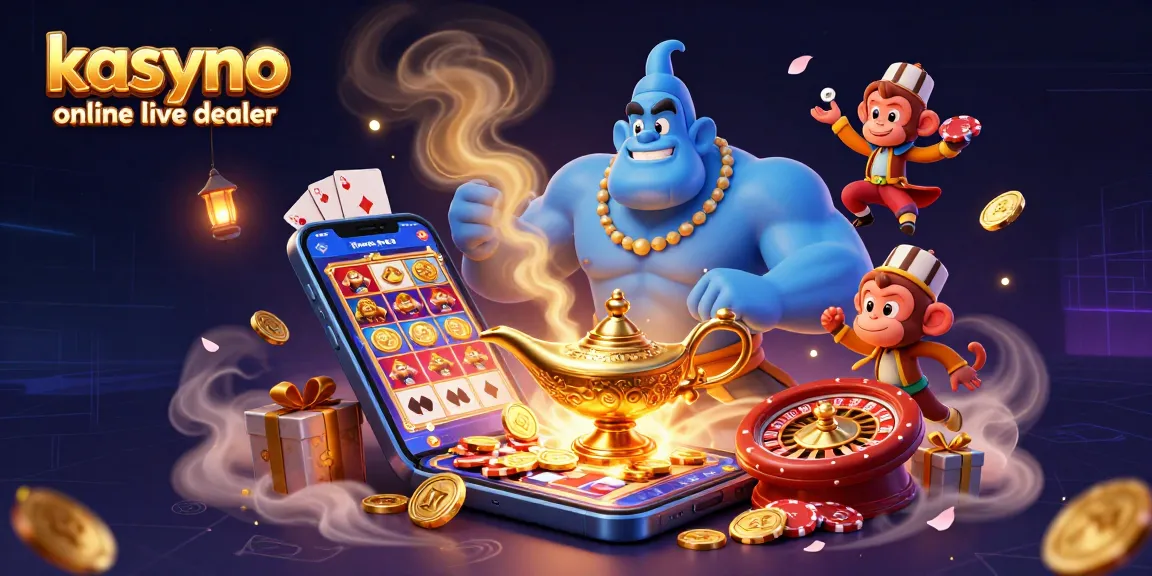 Kasyno online live dealer - Interaktywna scena z dżinem, małpką i magicznym dywanem.