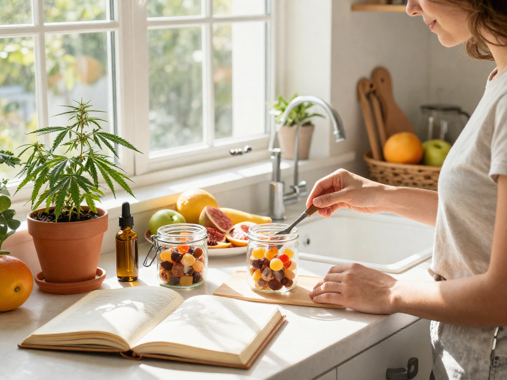 Buy edibles online with premium CBD-infused products, colorful fruits, and wellness items in a bright kitchen.
