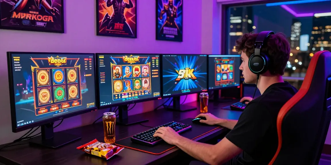 Engaging scene of a player enjoying slot depo 5k gaming, focused at a modern setup with multiple screens and vibrant LED lights.