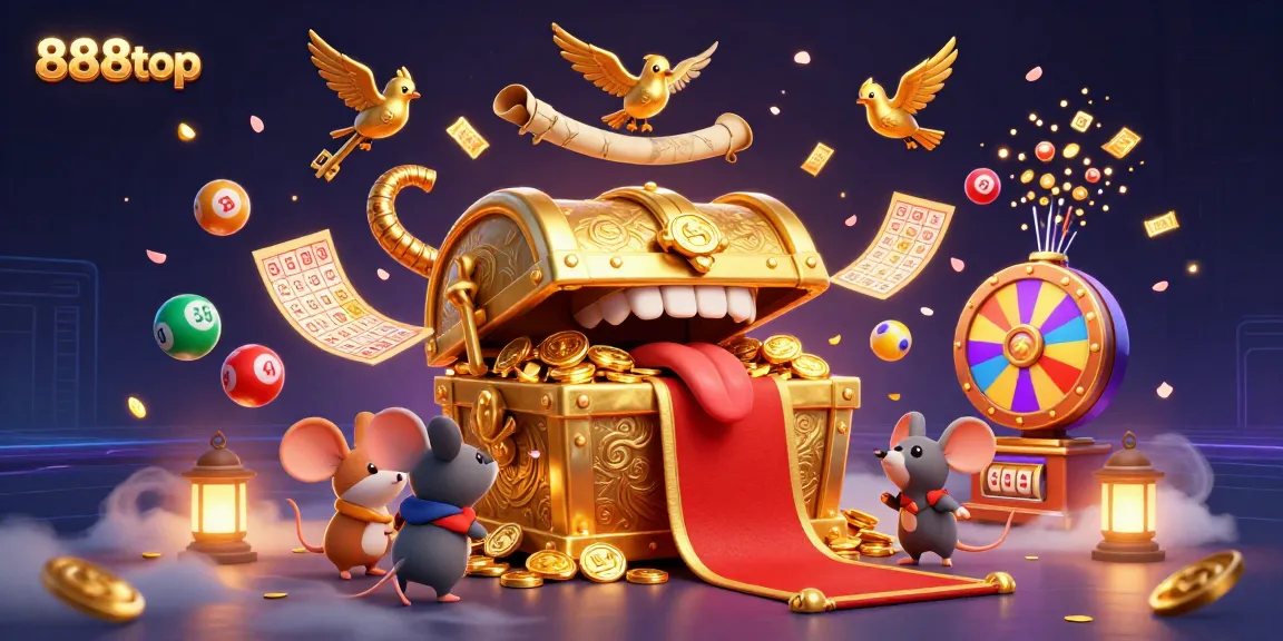 Win big with 888top in this vibrant casino scene filled with colorful lottery elements.