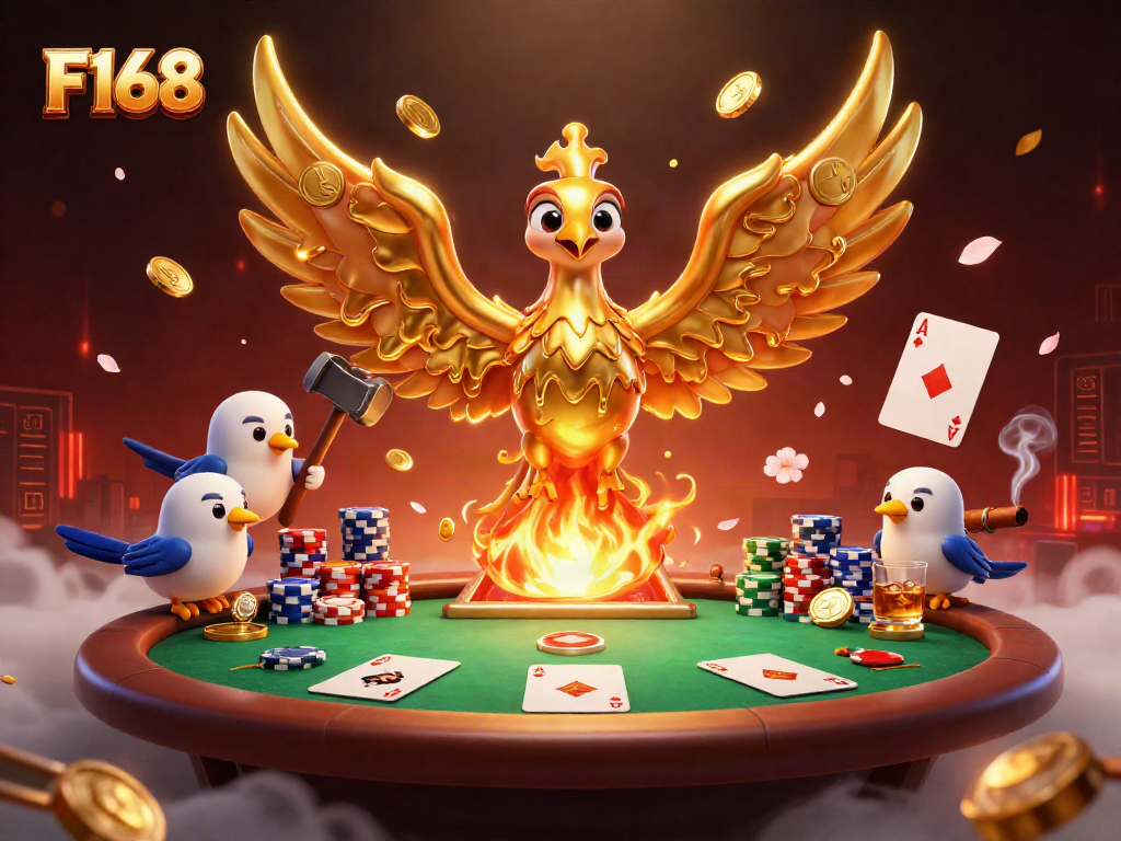 F168 poker scene features a molten metal phoenix surrounded by poker elements, capturing casino excitement.