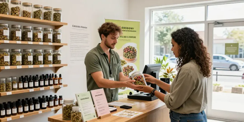 CBD Blüten kaufen in einem modernen, einladenden Shop mit vielfältigen Premium-Blüten und kompetentem Personal.