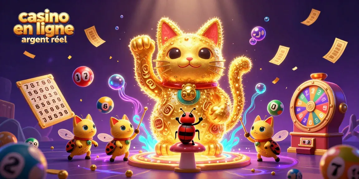 Jouez au casino en ligne argent réel avec une illustration de chat porte-bonheur et de symboles dynamiques.