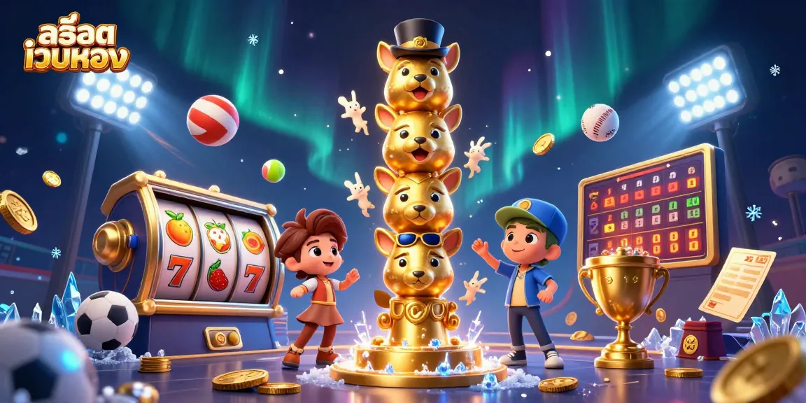 Play exciting games at สล็อตเว็บตรง featuring a vibrant 3D casino scene with animated characters and slot machines.