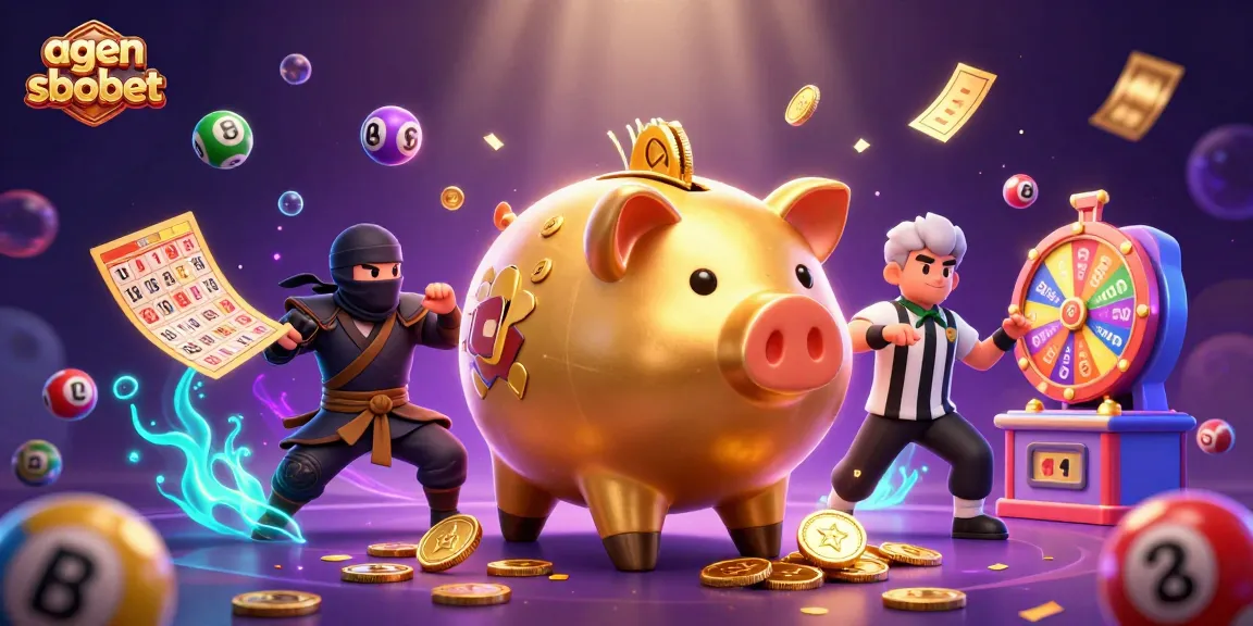 A thrilling agen sbobet scene with a golden piggy bank wrestler, showcasing dynamic casino elements.