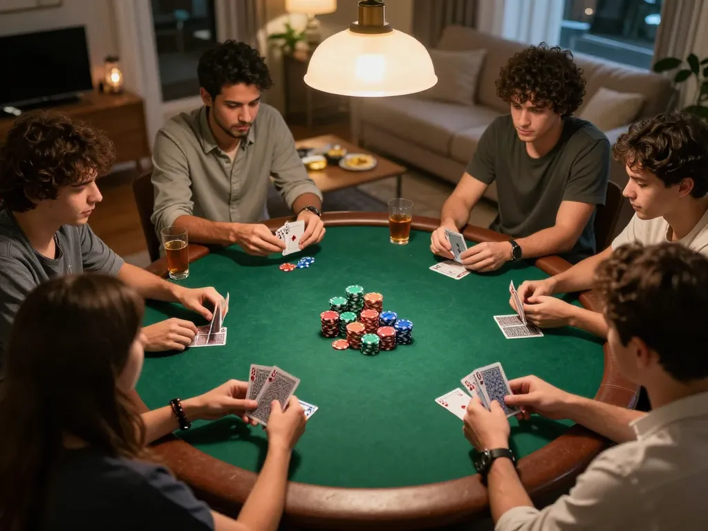 Players engaged in a competitive home poker night at HB88, showcasing vibrant chips and cards.