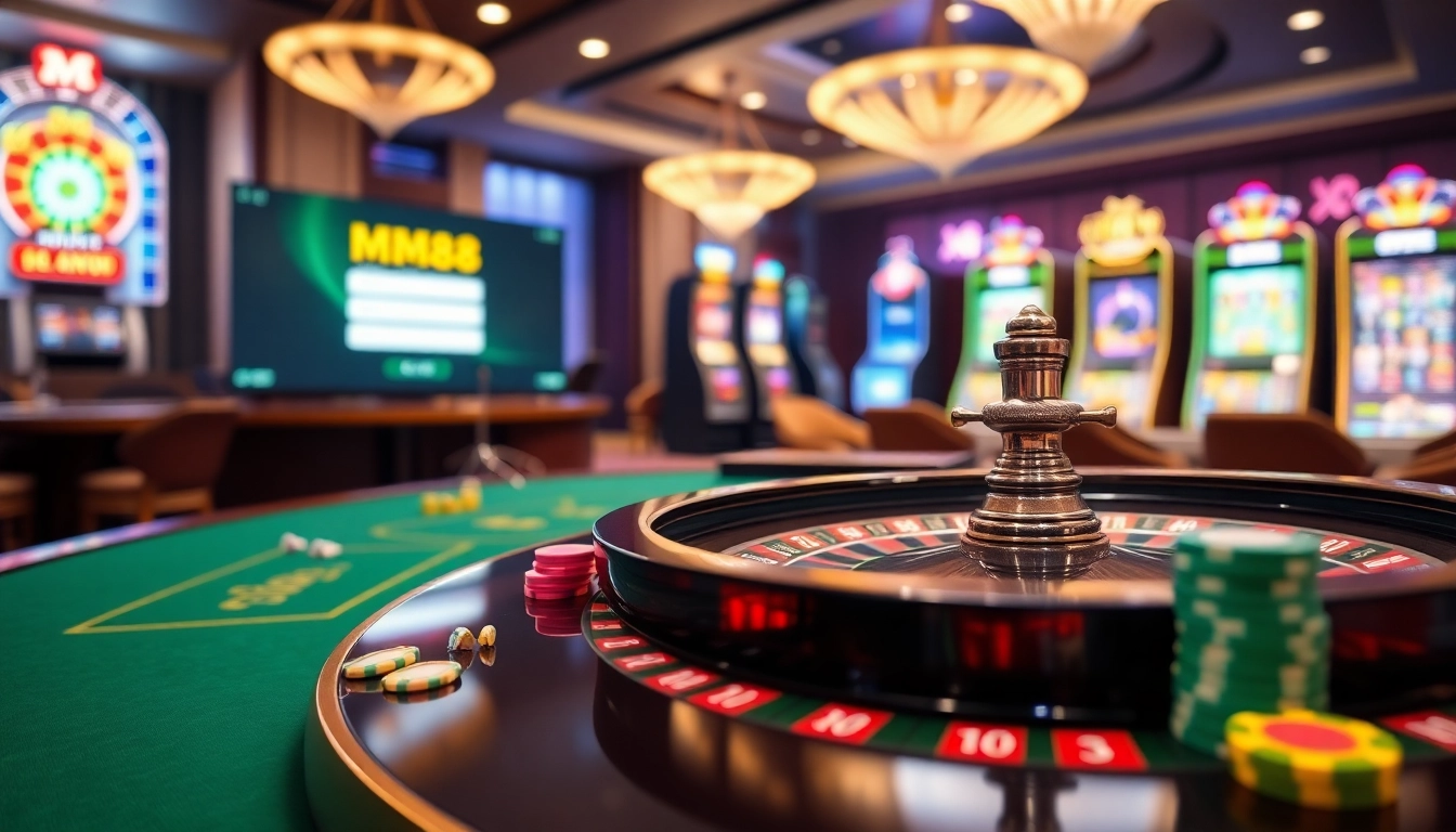 Experience the thrill of MM88 with vibrant slot machines and elegant roulette tables in a luxurious casino.