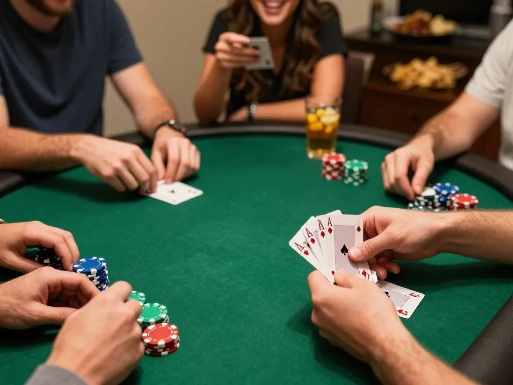 Players enjoying a home poker game with strategic moves showcasing fly88 in action.
