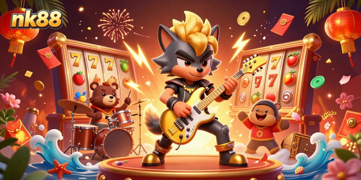 nk88 showcases a vibrant casino scene featuring entertainment elements like slot reels and gold coins for players