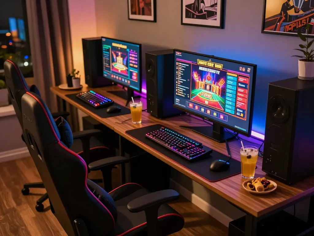 KJC players enjoying online gambling in a modern home setup with exciting casino games