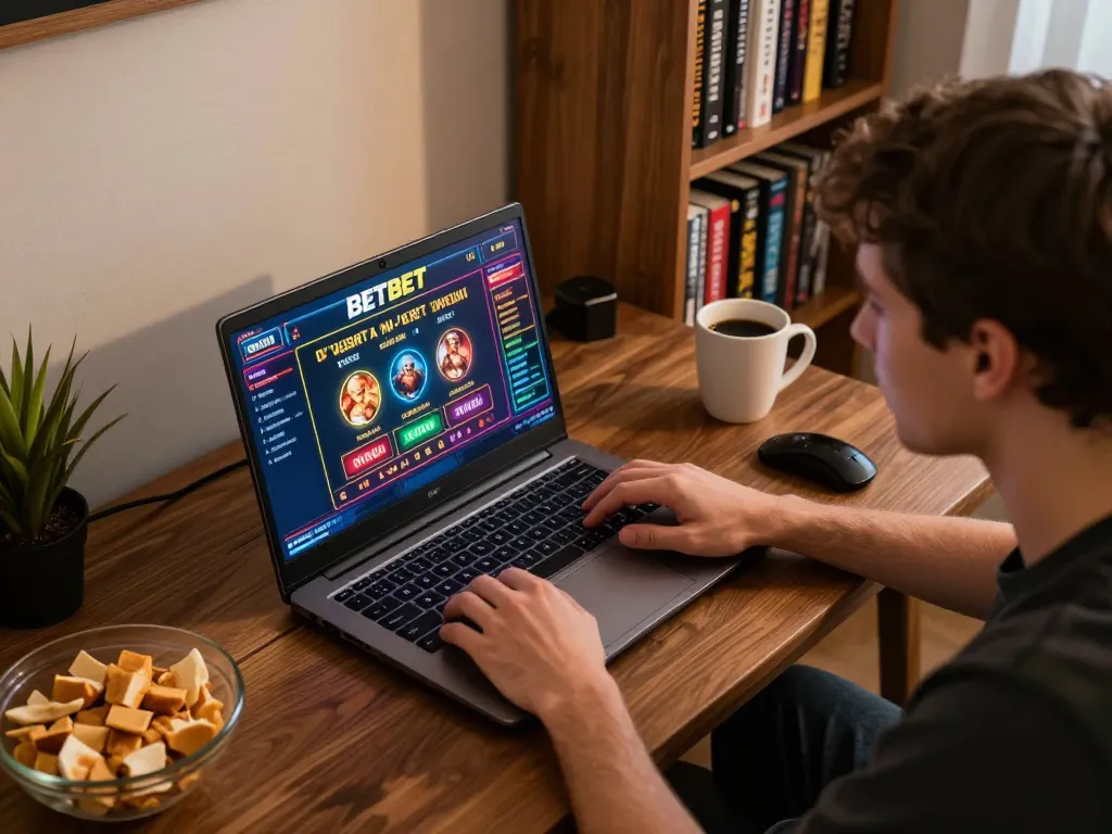 Player enjoying BETBET casino games on a laptop at home, immersed in online gambling.