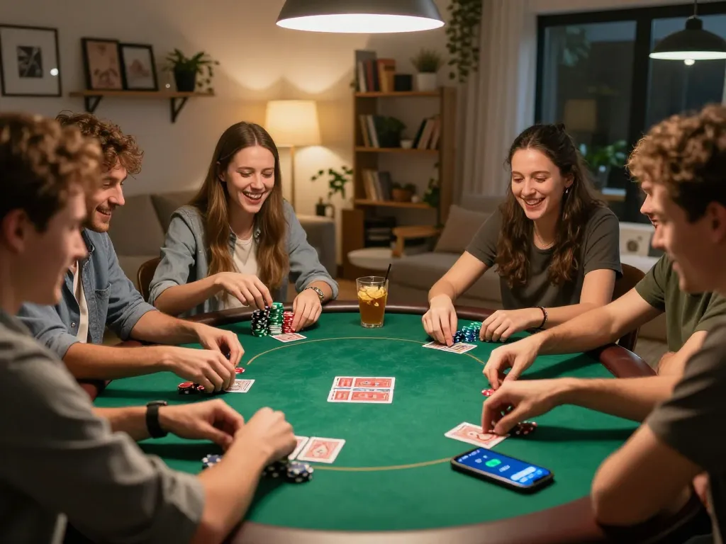 Friends enjoying a lively poker game with the USBET app open on smartphone, showcasing a fun home gaming environment.
