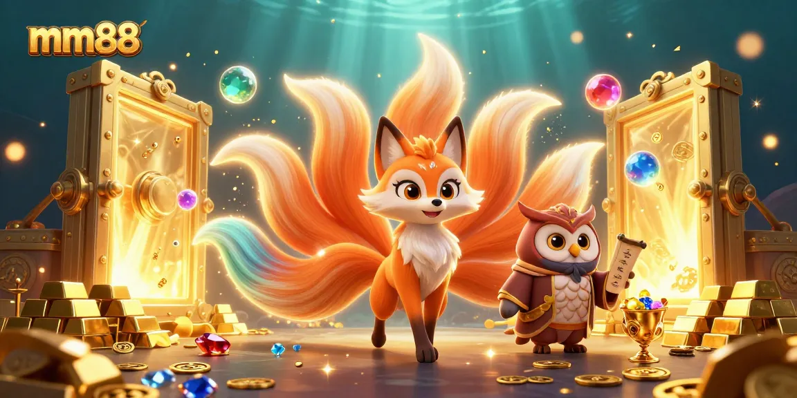 Experience the enchanting world of mm88 as a glowing nine-tailed fox spirit interacts amid treasures and vibrant gaming elements.