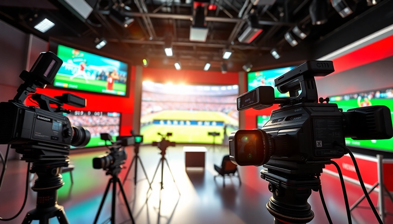 Sports Broadcasting studio with vibrant screens and equipment capturing live events.