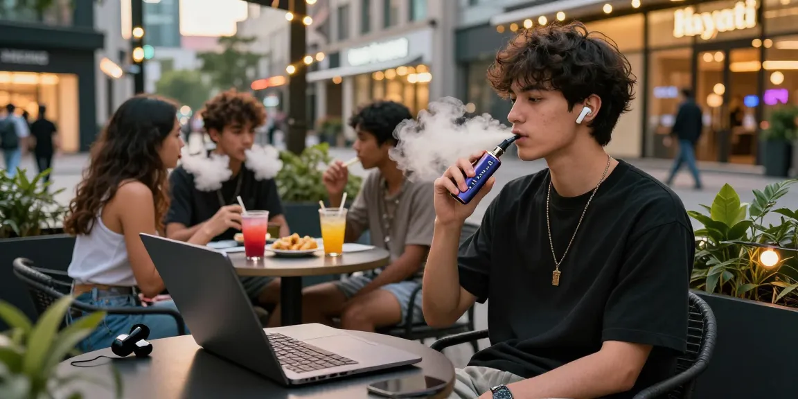 Stylish young adult enjoying Hayati proma vape at outdoor café during golden hour, city backdrop.