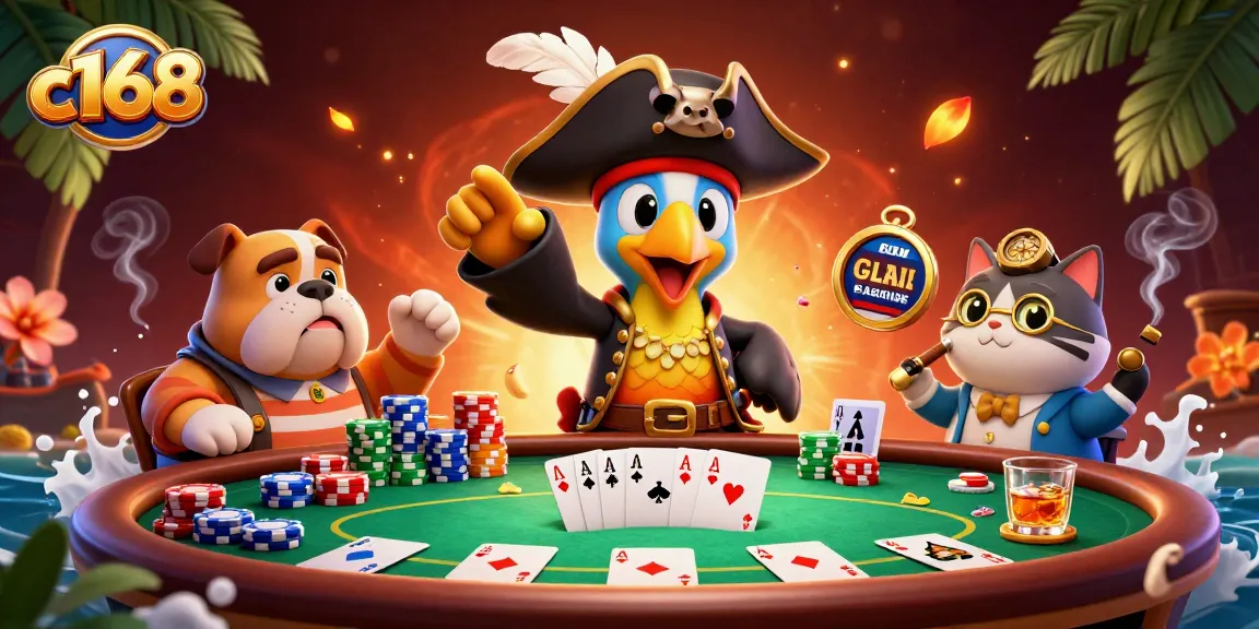 Engage in thrilling gaming at c168 with vibrant poker dynamics and lively cartoon pirates.