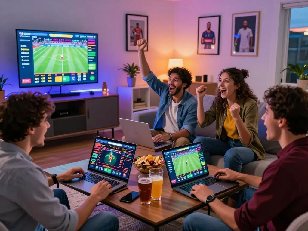 Exciting online betting with friends on 8kbet platform in a vibrant living room.
