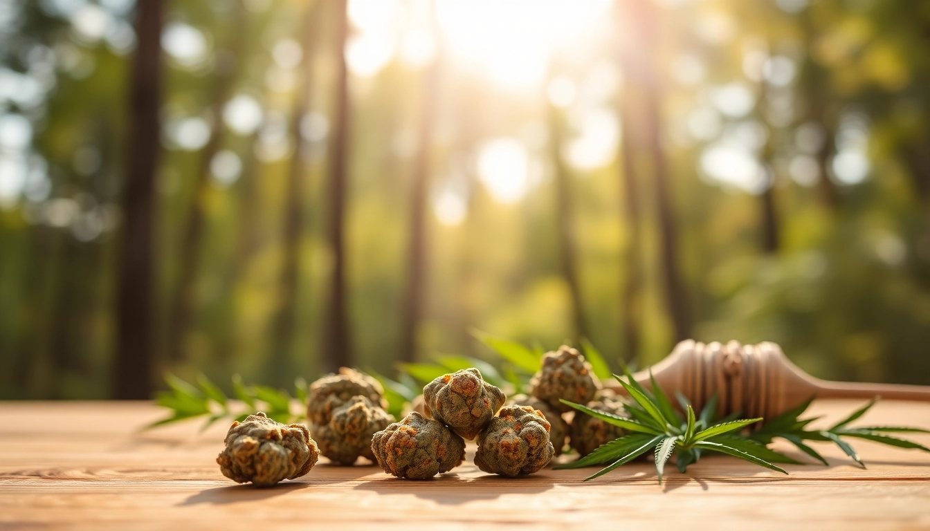 Exhibit of Mental Wellness CBD buds on a natural wooden surface surrounded by a serene environment.