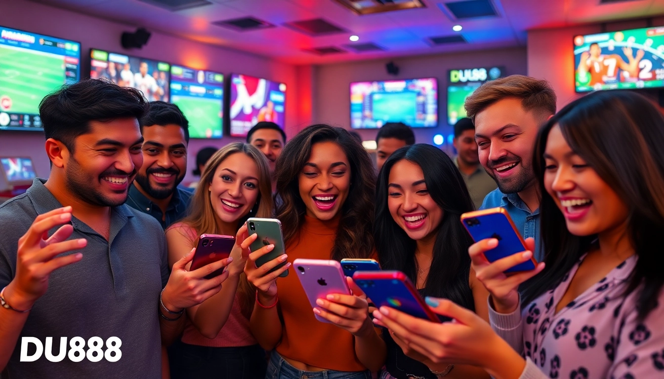 Excited users engaging with the DU88 app in a modern betting lounge environment.