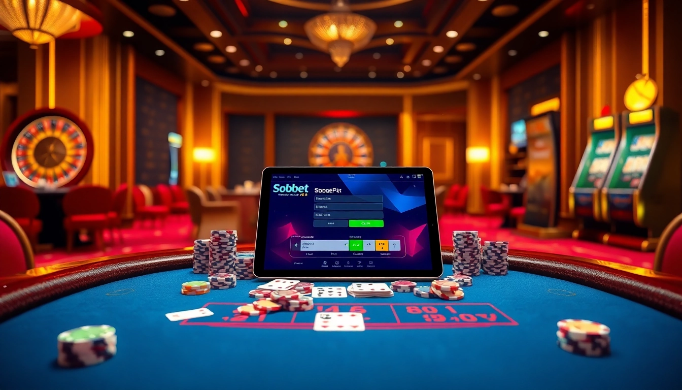 Experience sbobet login terbaru with an elegant casino table full of vibrant chips and a sleek tablet interface.