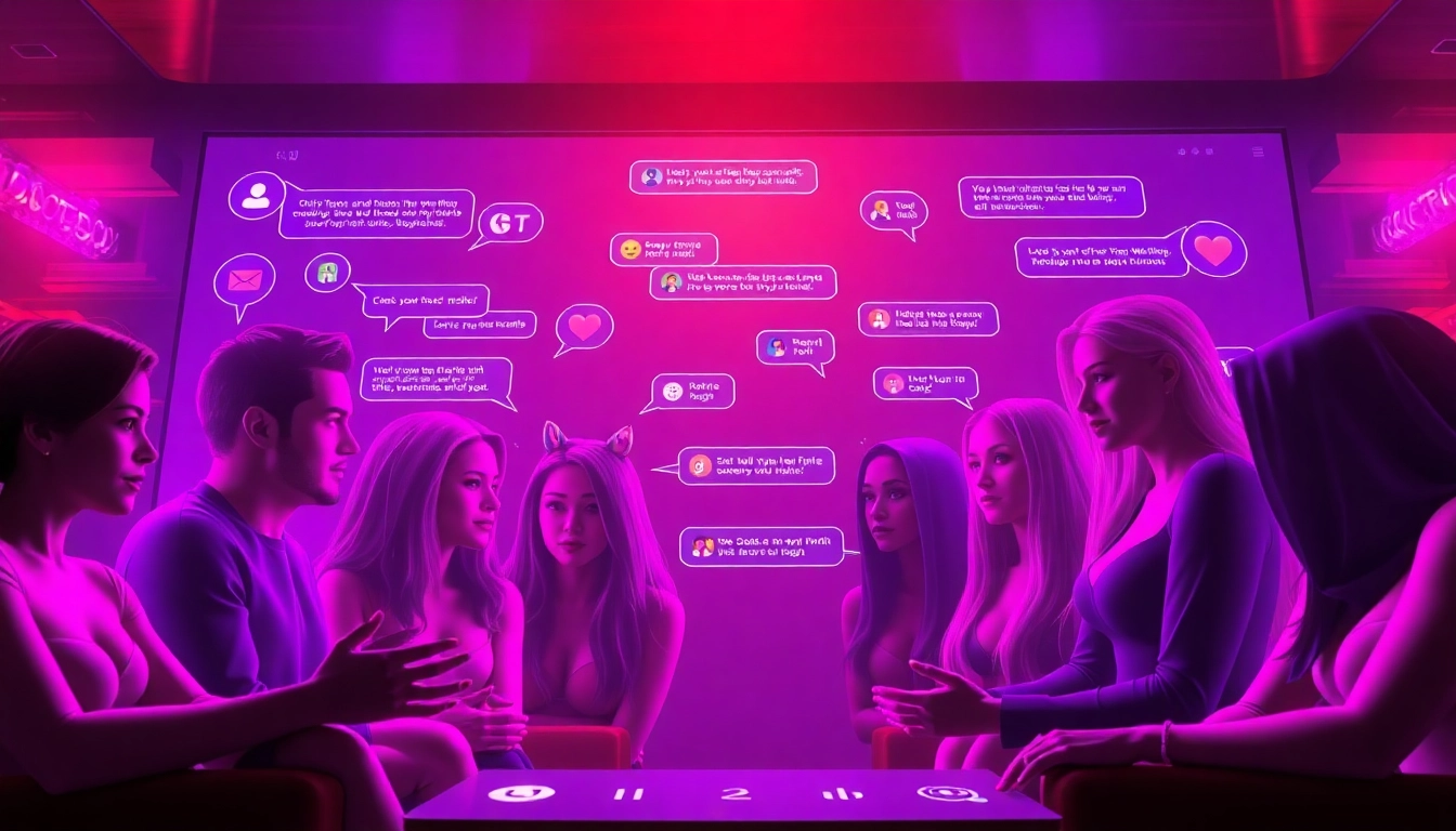 Engaging ai porn chat scene with digital avatars and intimate chat bubbles.