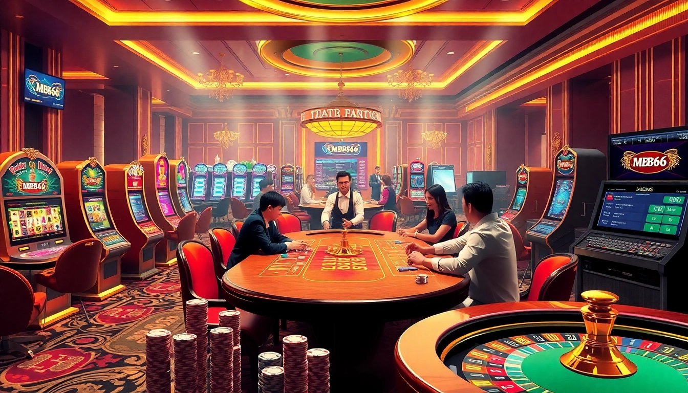 Experience the thrill of gambling at MB66 with a vibrant casino scene featuring poker tables and slot machines.