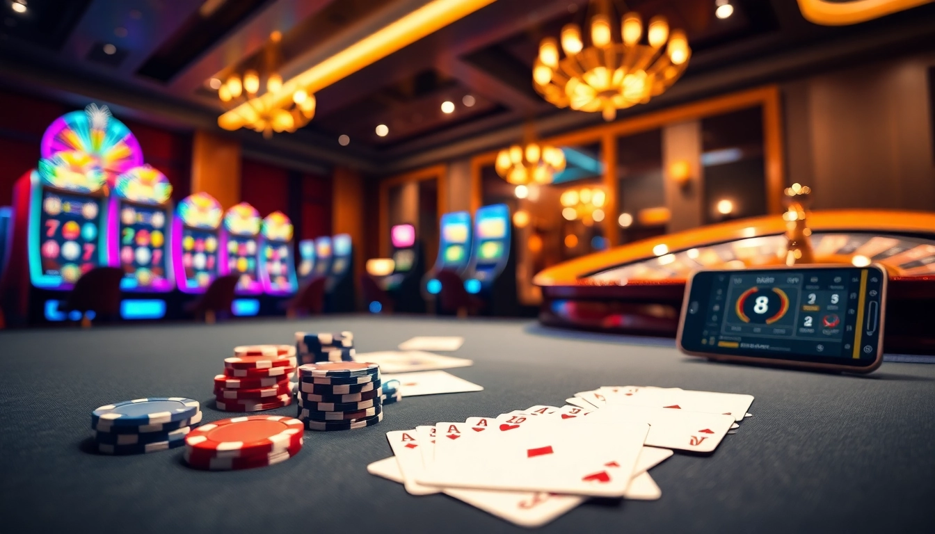 8day players enjoying an exciting casino atmosphere with poker chips and a spinning roulette wheel.