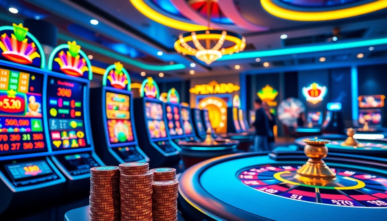 PEN4D gaming interface highlighting vibrant online slots and celebrating winnings in a luxurious casino atmosphere.